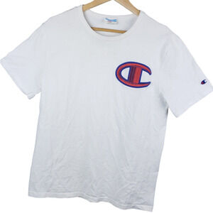 Vintage Champion Men's Big Stitched Logo T-Shirt Size Medium White Streetwear